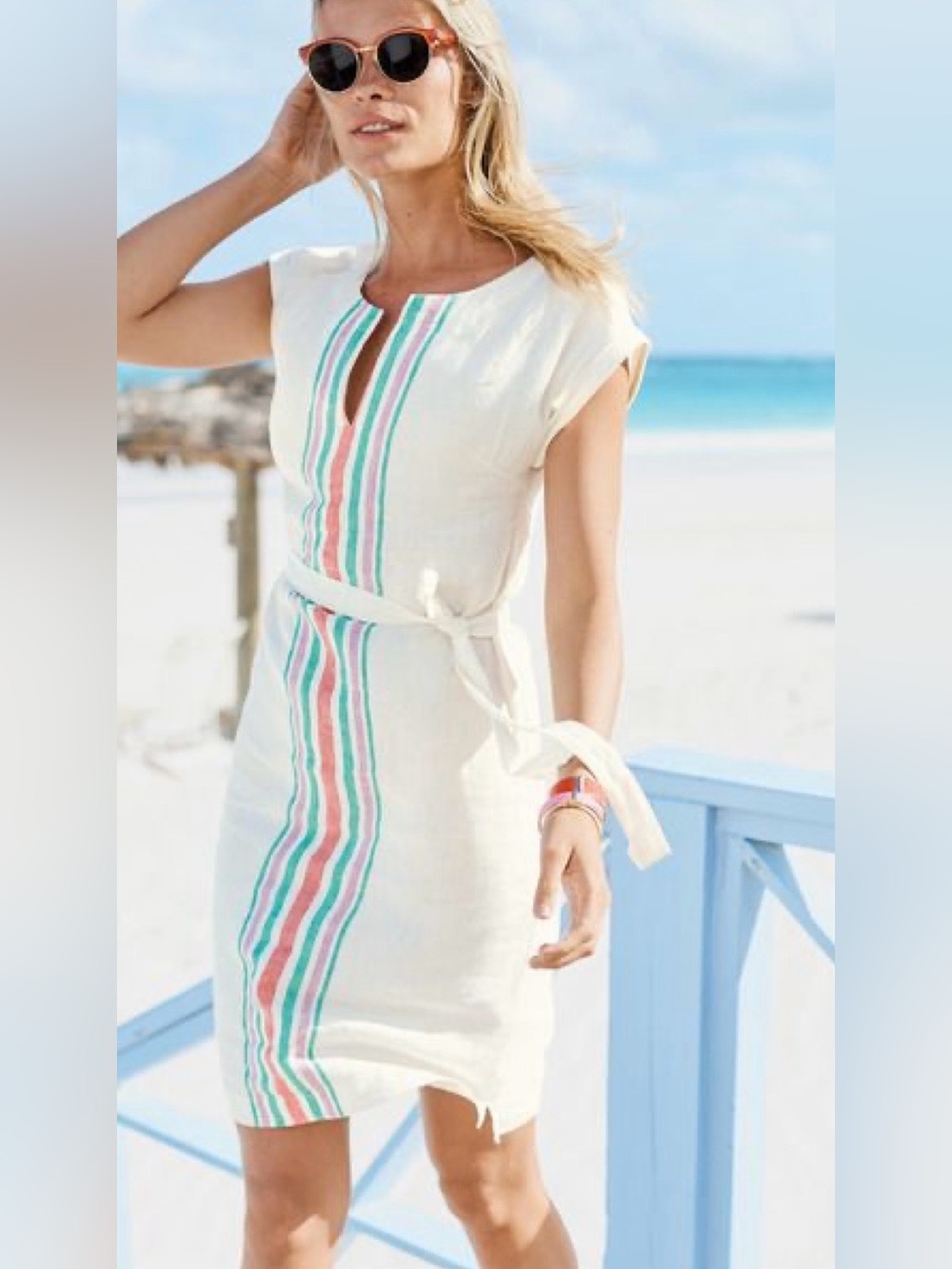 NWT Boden Cream Cover-Up Dress, Pink & Aqua Stripe Down Center, 100% Linen, US 8